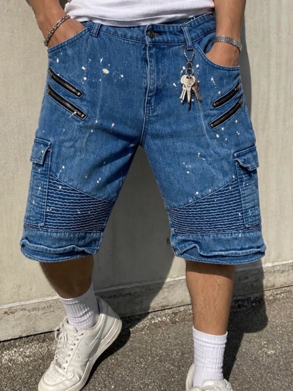 Diamond Stash Moto Denim Shorts Size 42 | Paint Splatter Streetwear